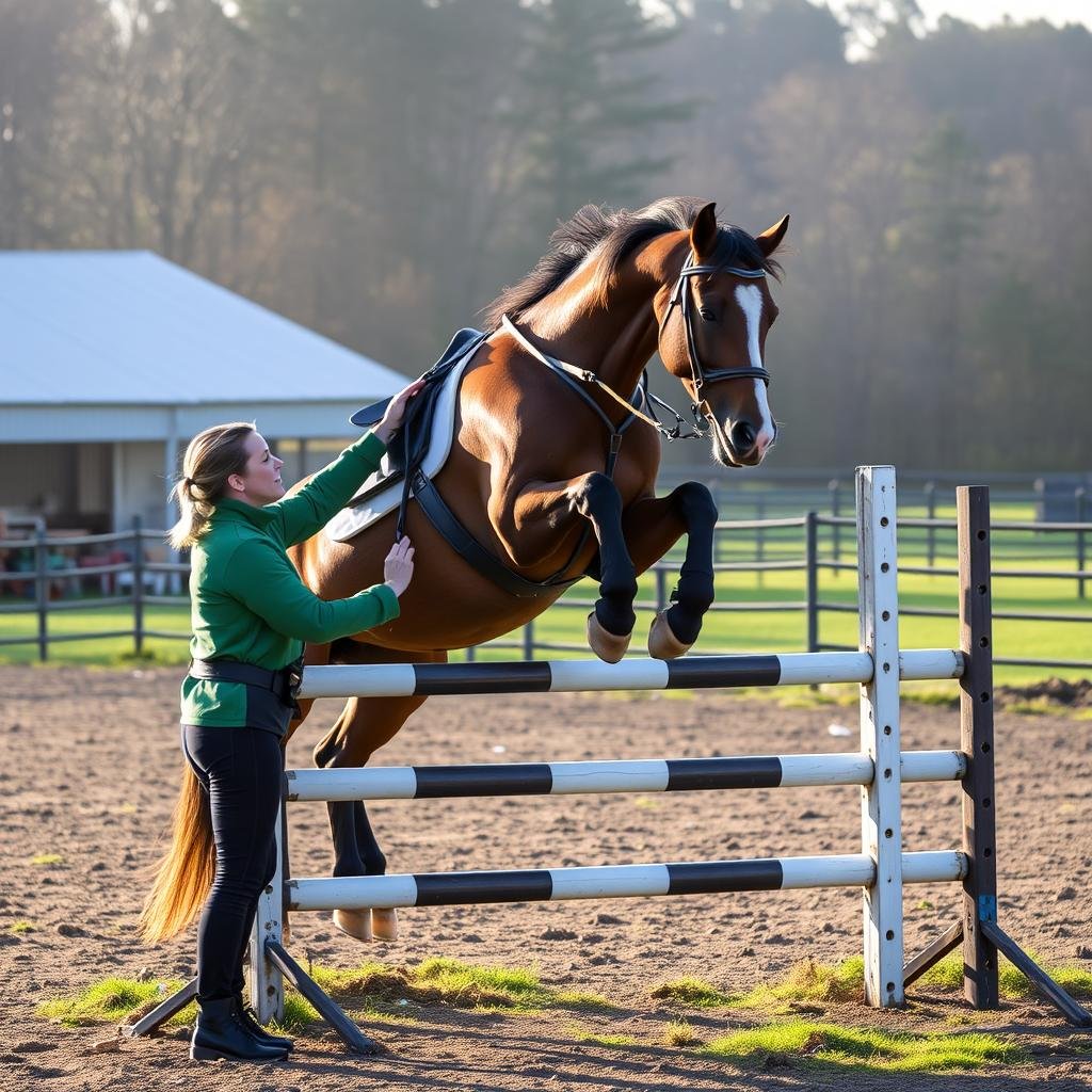 Patrice Cottier entraineur courses obstacle travaillant avec un cheval sur un obstacle Patrice Cottier entraineur courses obstacle travaillant avec un cheval sur un obstacle