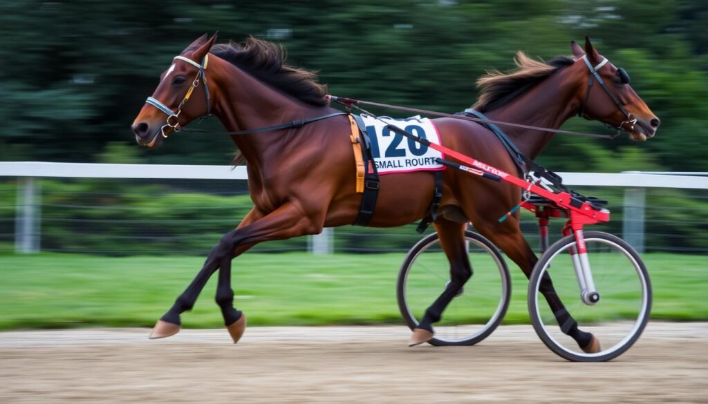 Cheval de Trot de Yannick Alain Briand en pleine action sur l'hippodrome Cheval de Trot de Yannick Alain Briand en pleine action sur l'hippodrome