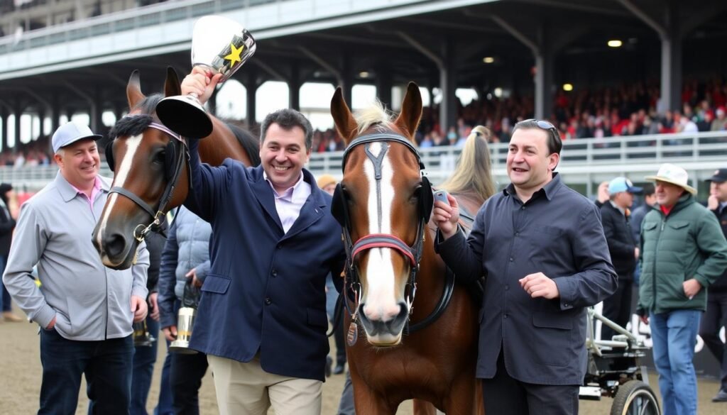 Philippe Allaire célébrant une victoire avec un de ses chevaux de Trot Philippe Allaire célébrant une victoire avec un de ses chevaux de Trot