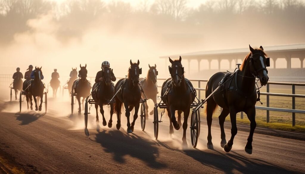 Séance d'entraînement matinale des chevaux de Trot de Yannick Desmet à Leffinge Séance d'entraînement matinale des chevaux de Trot de Yannick Desmet à Leffinge