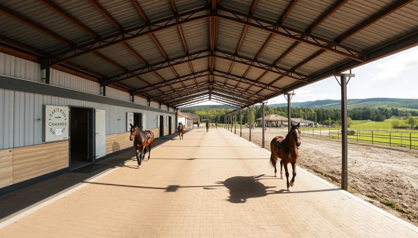 Vue panoramique de l'Ecurie des CHARMES avec ses installations modernes et ses chevaux de Trot