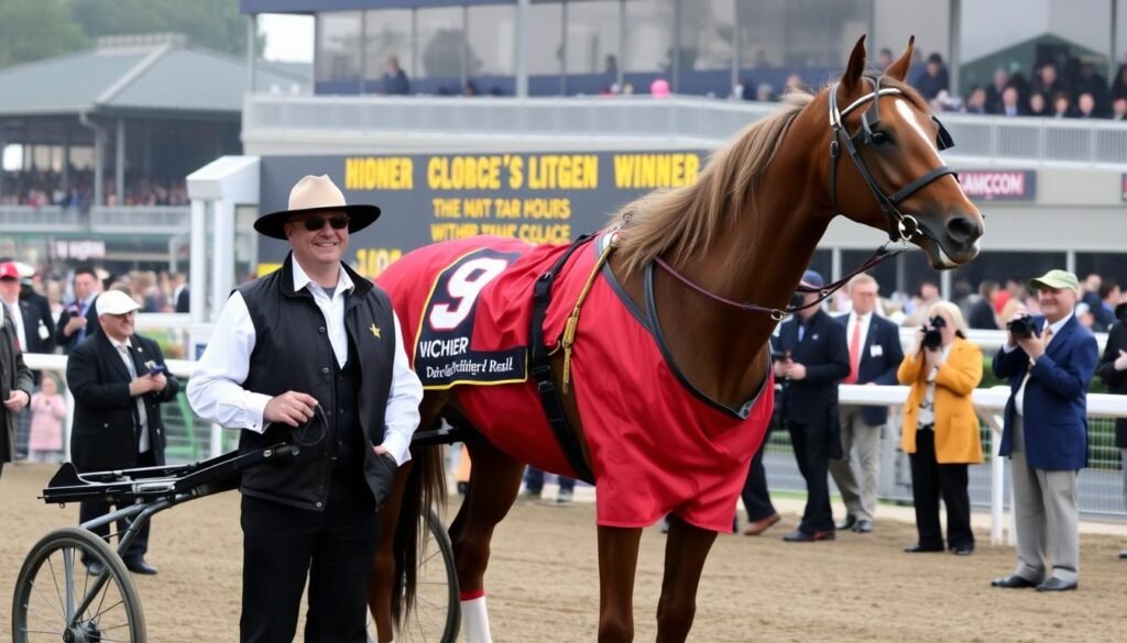 Yannick Alain Briand célébrant une victoire avec un de ses chevaux de Trot Yannick Alain Briand célébrant une victoire avec un de ses chevaux de Trot